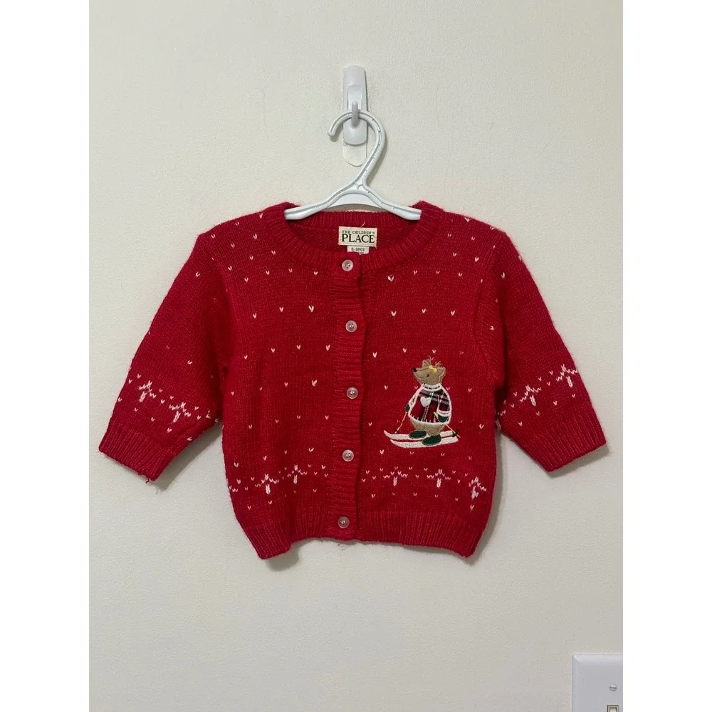 Children's Place Holiday Cardigan Bear Skiing Knit‎ Sweater Red 6-9 Months